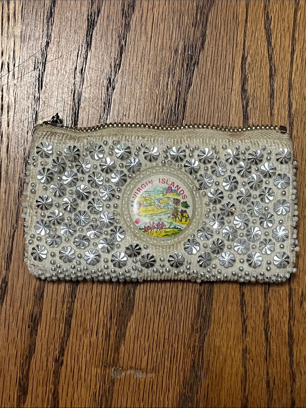 Vtg Embellished Beaded Zip Pouch - Cream